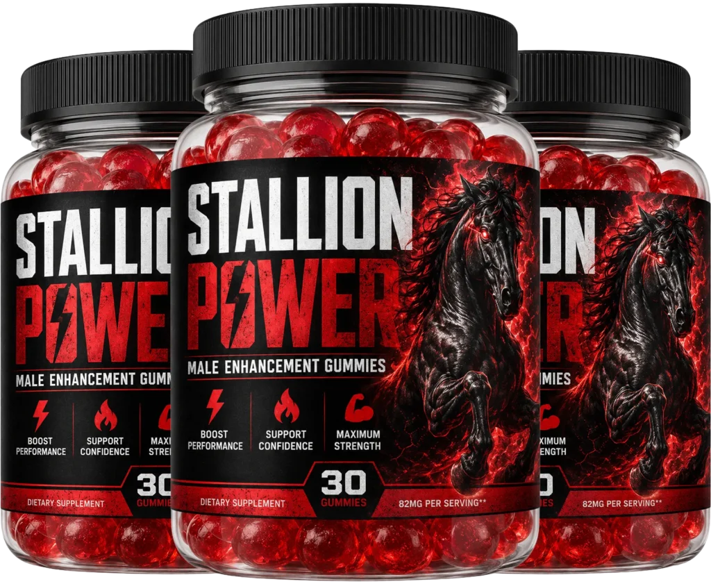 Stallion Power Gummies bottle showcasing the official male enhancement supplement package and advanced formula.